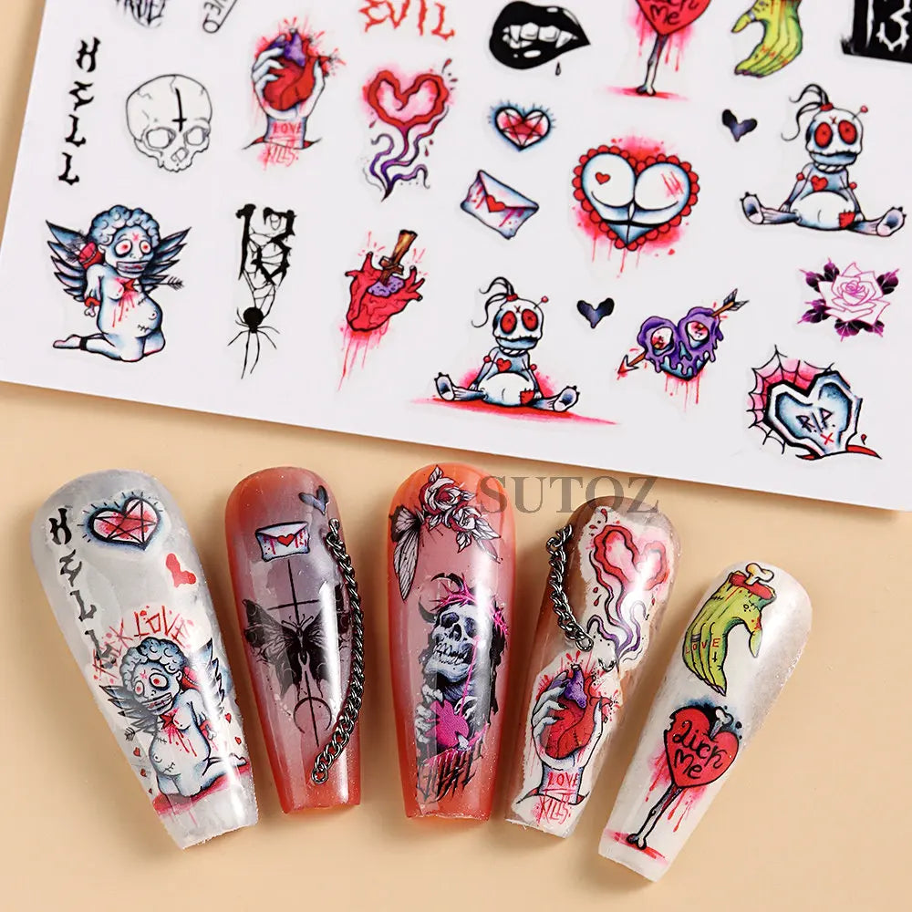 sengpan 3D Halloween Nail Art Stickers Horror Ghost Skull Evil Eye Anime Decals Bloody Rose Sticker for Nail Manicure Decoration LEBF956