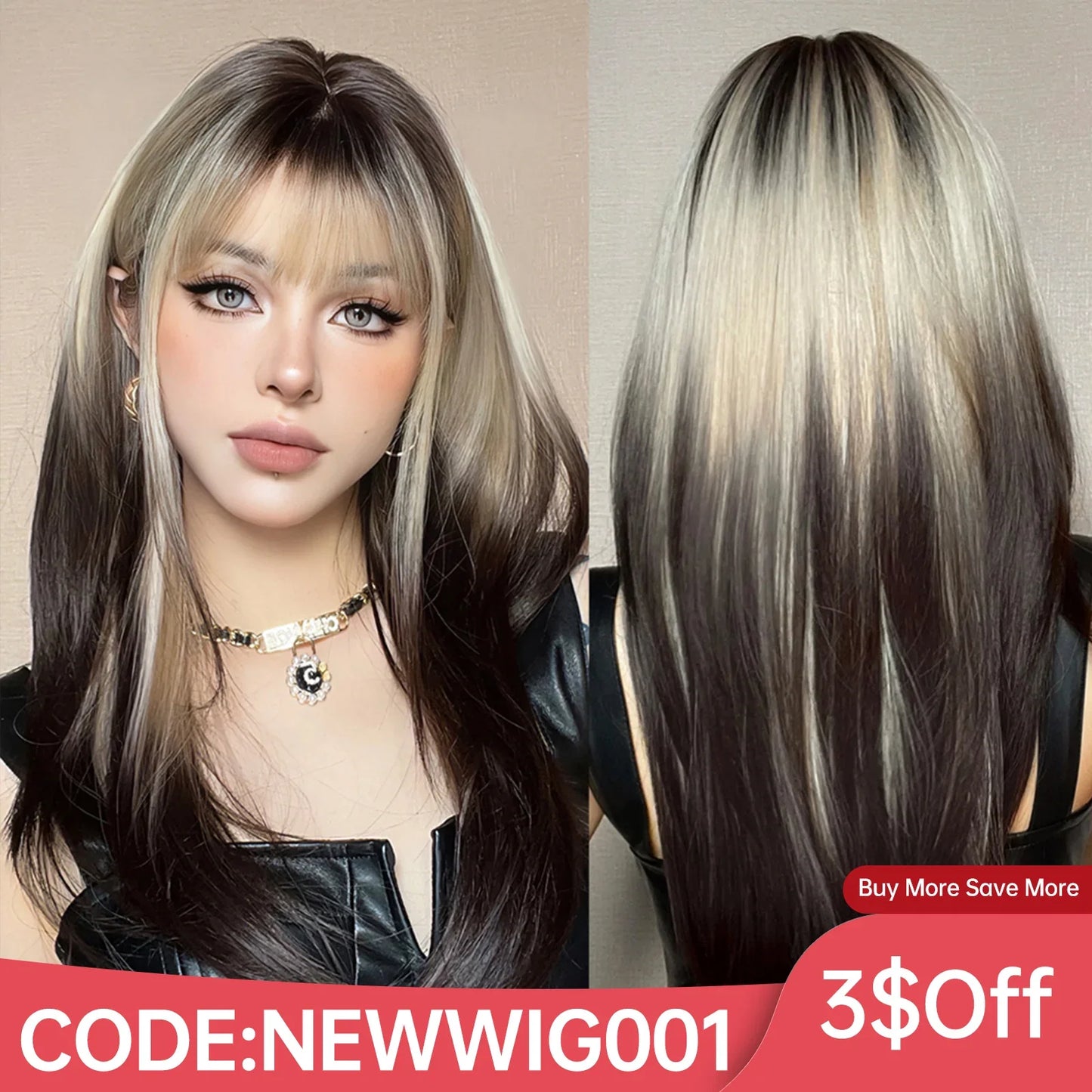 sengpan Ombre Synthetic Straight Cosplay Women Hair Platinum Blonde to Black Hair Long Layered Natural Wigs with Bangs for White Women