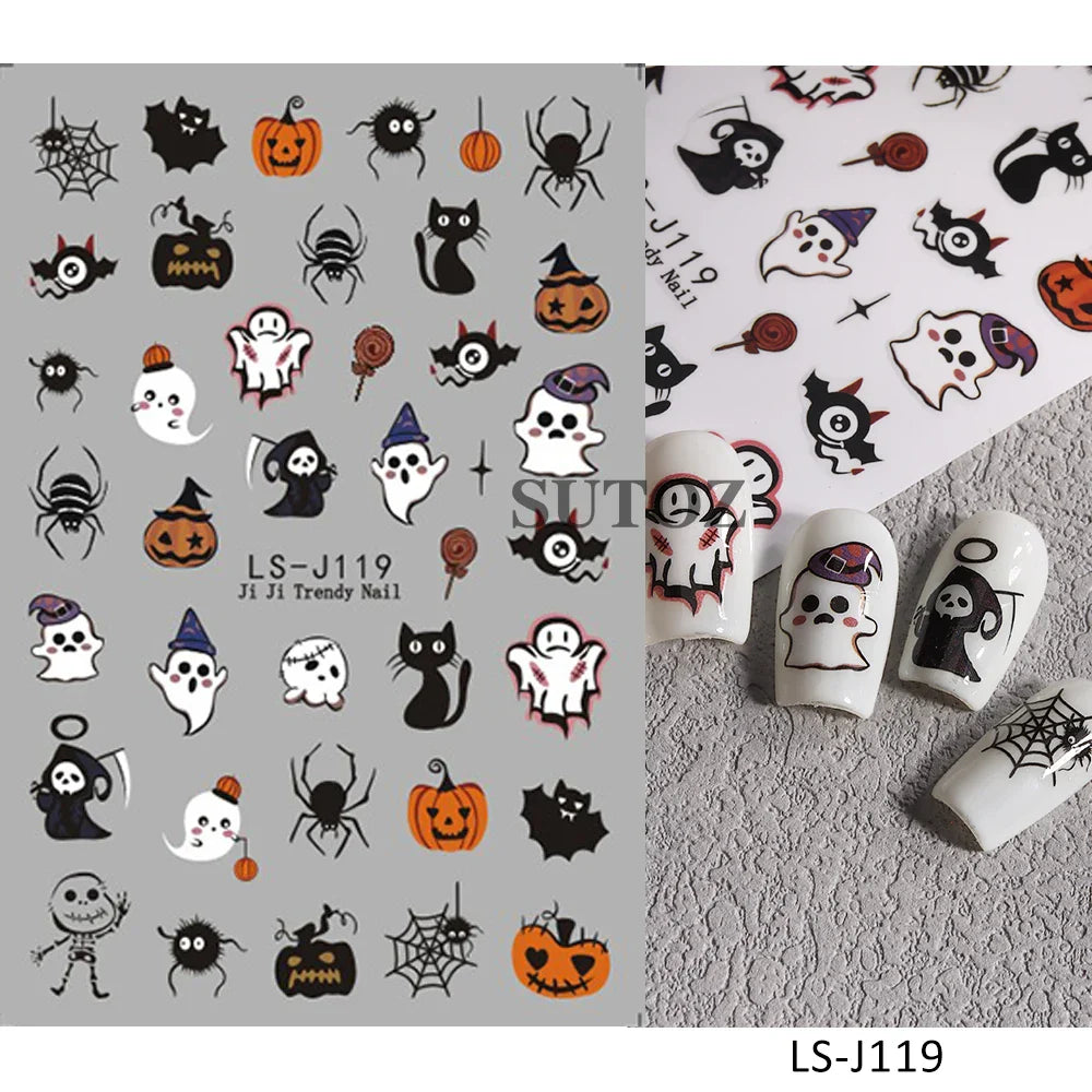 sengpan 5D Embossed Halloween Nail Stickers Skull Chams Spooky Flower Ghost Nail Decals Spider Web Skeleton Sliders for Manicure NTJI-5D