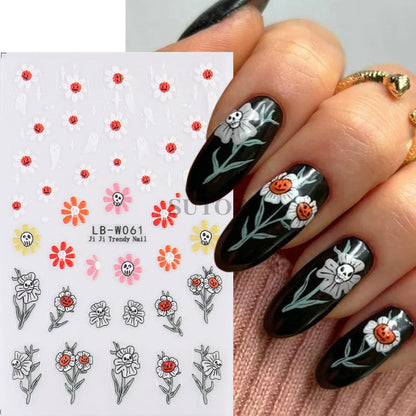 sengpan 5D Embossed Halloween Nail Stickers Skull Chams Spooky Flower Ghost Nail Decals Spider Web Skeleton Sliders for Manicure NTJI-5D