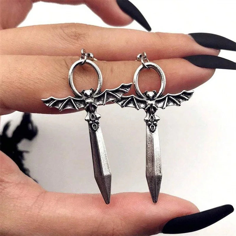 sengpan Gothic Vampire Bat Sword Pendant Earrings For Men Fashion Punk Halloween Party Jewelry Gifts  Vintage Bat Cross Ear Hooks Trend