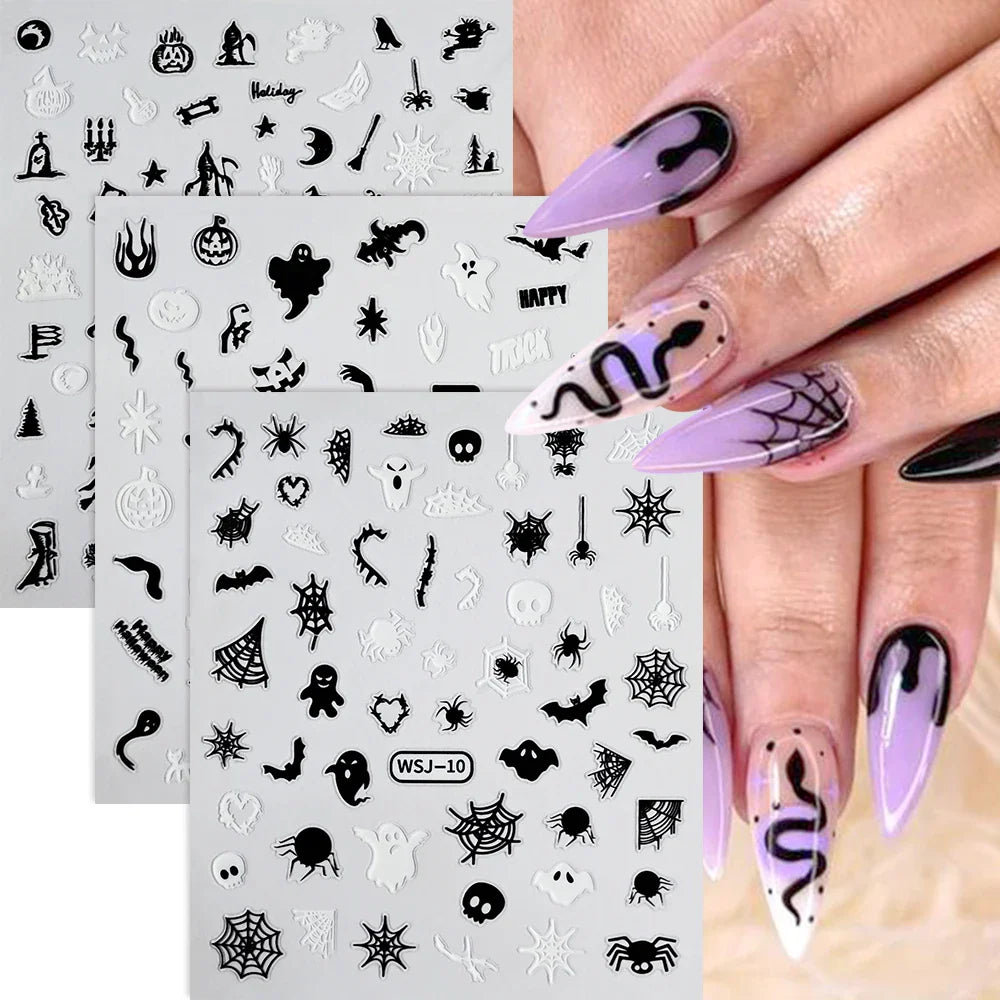 sengpan 6Pcs/Lot Glow In The Dark Halloween 3D Nail Stickers Luminous Spider Web Skull Self Adhesive Sliders Manicure Finger Tips Decals