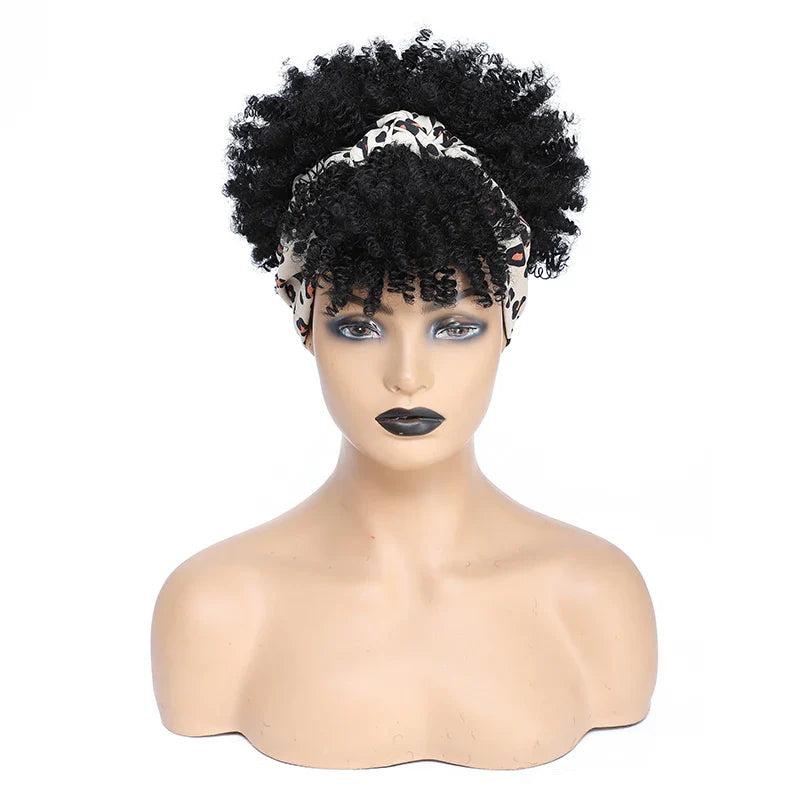 sengpan Short Kinky Curly Headband Wigs  Afro Puff Curly Headband Wig For Women Natural Synthetic Turban Wrap Wig  Cosplay Daily Use