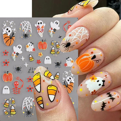 sengpan 5D Ghost Halloween Nail Art Stickers Cartoon Pumpkins Skulls Flowers Nail Decals Y2K Halloween Self-Adhesive Manicure Deco JI-5D