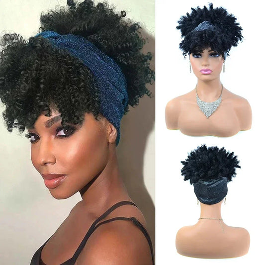 sengpan Short Kinky Curly Headband Wigs  Afro Puff Curly Headband Wig For Women Natural Synthetic Turban Wrap Wig  Cosplay Daily Use