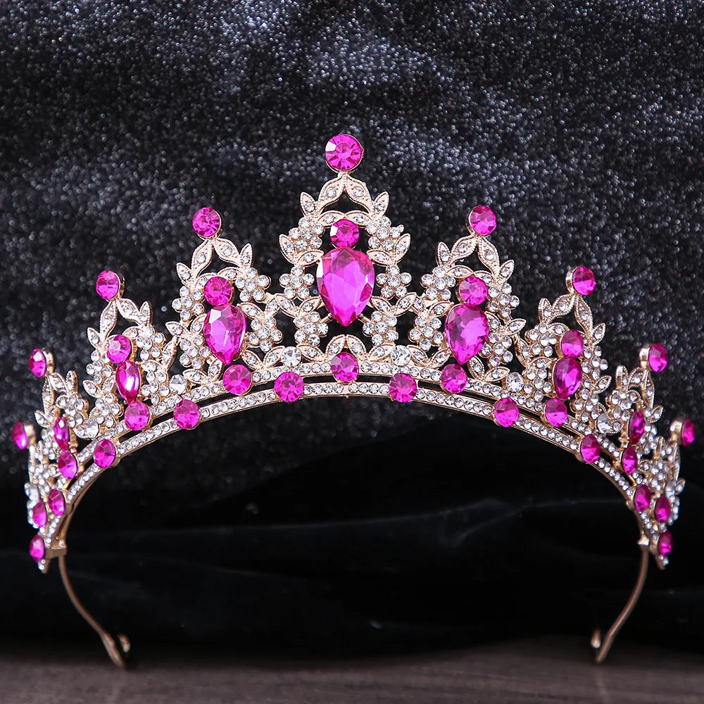 Lianfudai Luxury Elegant AB Crystal Crown Hair Accessories Tiara For Women Party Red Purple Rhinestone Bridal Crown New Hair Jewelry