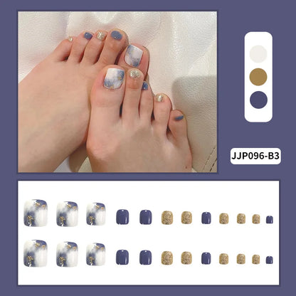 sengpan Flow Chocolate Design Artificial Toenails Glossy Fashion Toe Fake Nails with Glue Wearable Short Flat Shape Fake Toenails