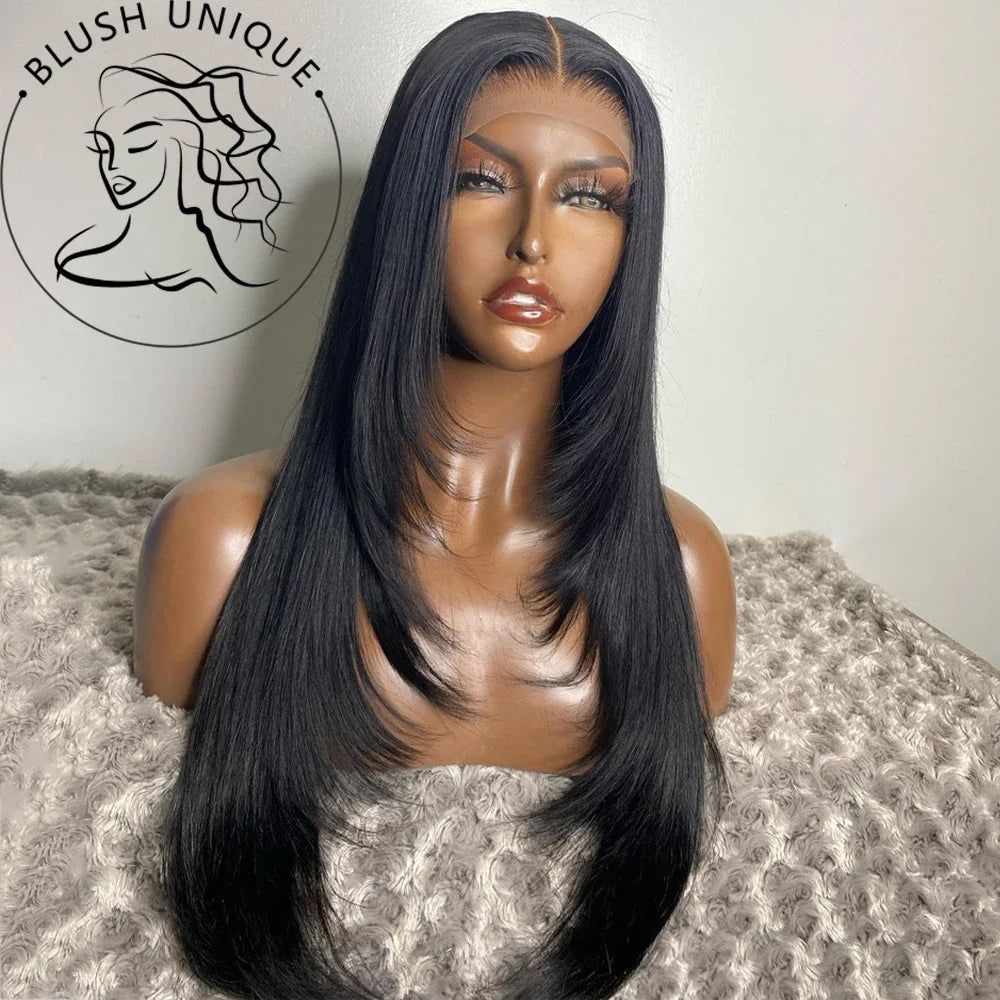 sengpan Reddish Brown Straight Lace Front Wigs Layered Cut Wig Glueless Layered Lace Wigs Synthetic Butterfly Haircut Natural Hairline