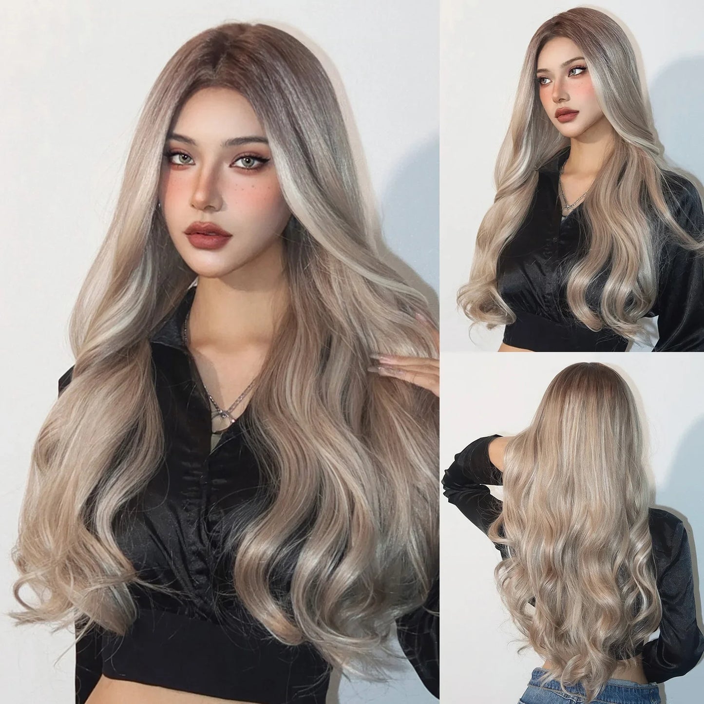 sengpan Orange Blonde Ombre Long Wavy Synthetic Wigs with Bangs Party Cosplay Wig for Women Natural Fake Hair Heat Resistant