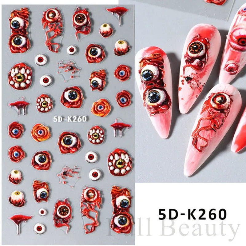 sengpan 5D Halloween Blood Eye Bones Nail Art Horror Eyeball kull Relief Three-Dimensional Nail Stickers for Women&Girl Nail stickers