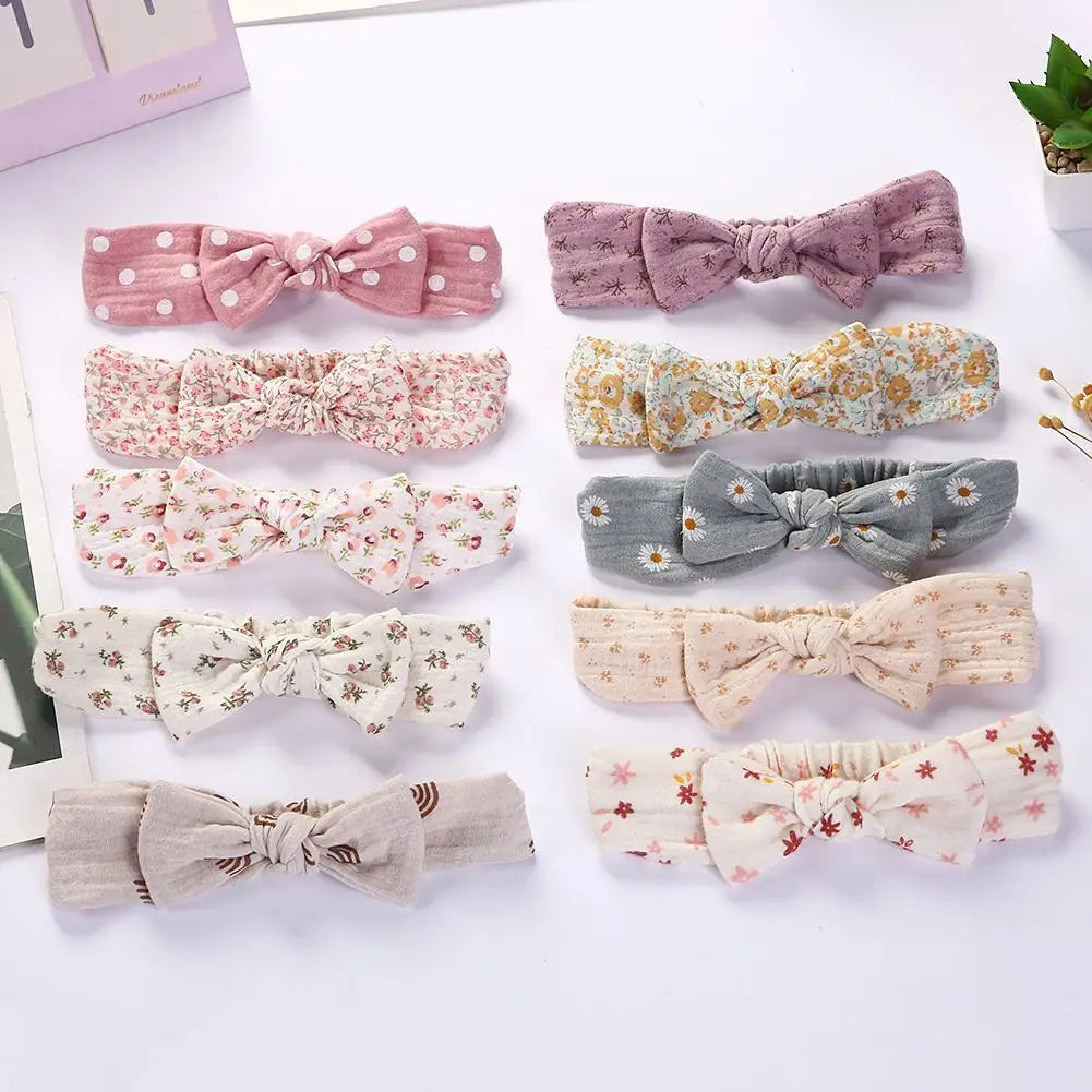 Lianfudai 3PC/lot Muslin Cotton Linen Baby Headband Newborn Knotted Hair Bow Turban Floral Print Headband Children Girls Hair Accessories