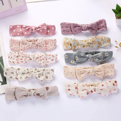 Lianfudai 3PC/lot Muslin Cotton Linen Baby Headband Newborn Knotted Hair Bow Turban Floral Print Headband Children Girls Hair Accessories