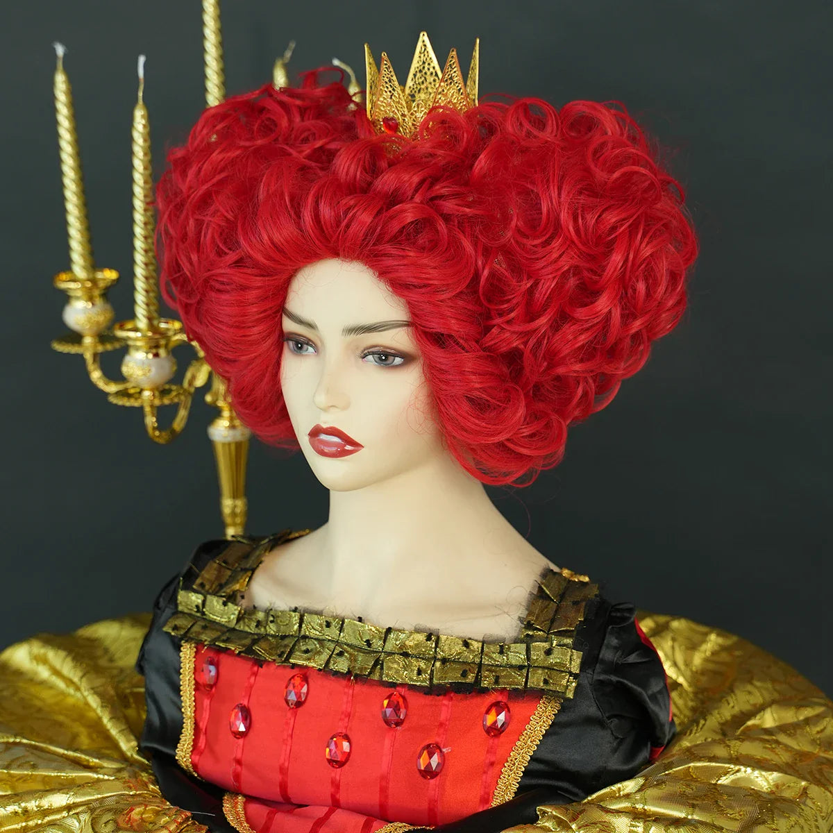 Lianfudai  WIGS New Royal Red Queen Wig Light Red Short Curly Hair Synthetic Heart Cosplay Wigs Halloween Costume Party Wig