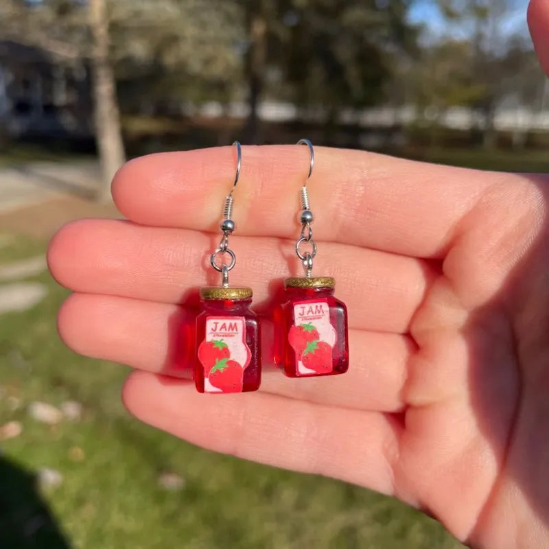 sengpan Novelty Strawberry Jam Jar Earrings Simulated Transparent Strawberry Honey Jam Resin Accessories Handmade Unique Jewelry Gifts