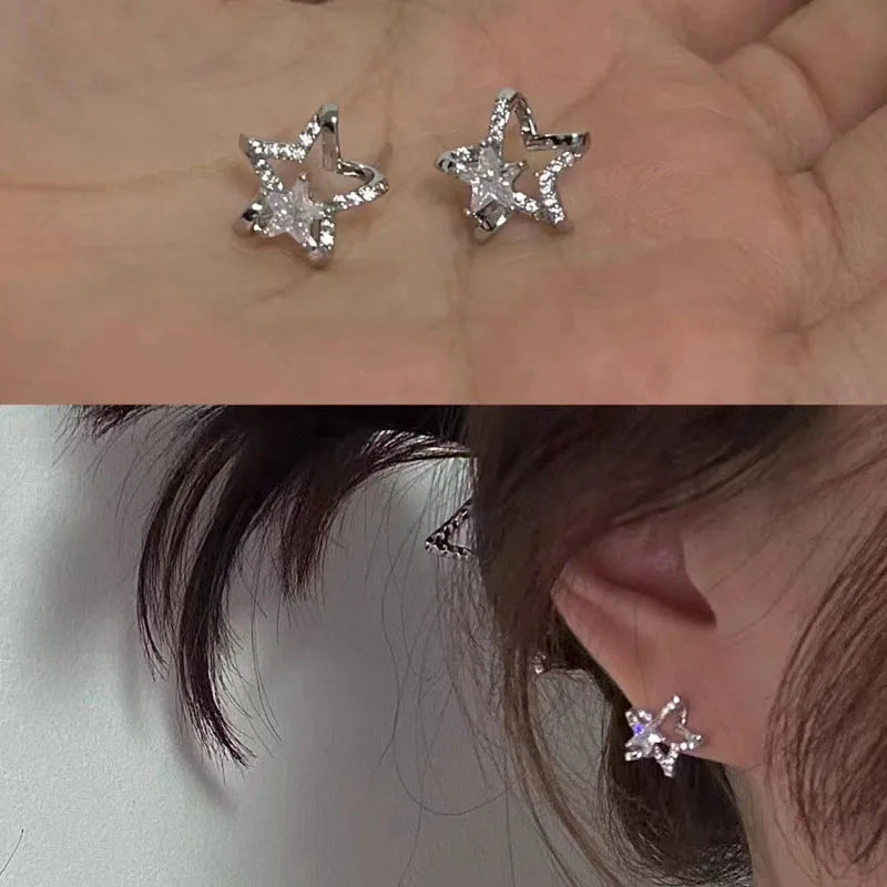 sengpan Shiny Zircon Star Tassel Earrings Women Korean Cute Elegant Pentagram Drop Earring Y2K Jewelry Wedding