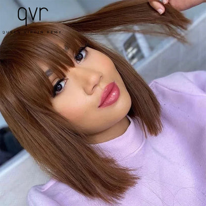 sengpan 180 Density Full Machine Wig Highlight Brown Colored Bone Straight Human Hair Bob Wigs QVR Human Hair With Bangs For Women