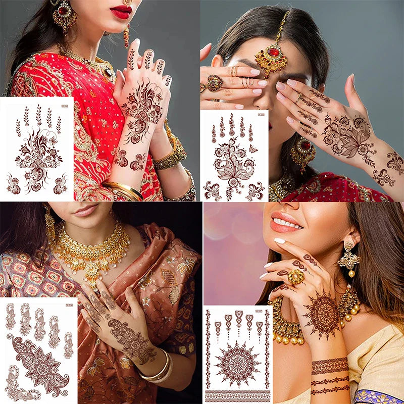 sengpan Brown Henna Temporary Tattoos for Women Henna Sticker for Hand Fake Tatoo Women's Body Protection Tattoo Dulhan Moroccan Design