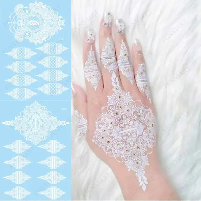 sengpan White Henna Tattoo Stickers for Hand Temporary Tattoos for Women Mehndi Women's Body Art Wedding Party Fake Tatoo