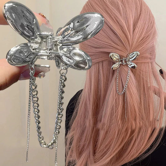 sengpan Y2k Metal Mini Butterfly Hair Claws for Women Ladies Black Silver Small Hair Clips with Tassel Chains Hairpins Hair Accessories