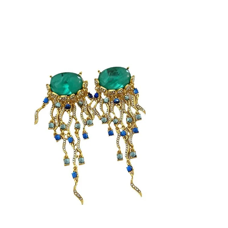 sengpan Temperament Green French Tassel Earrings Retro Luxury Style Jewelry