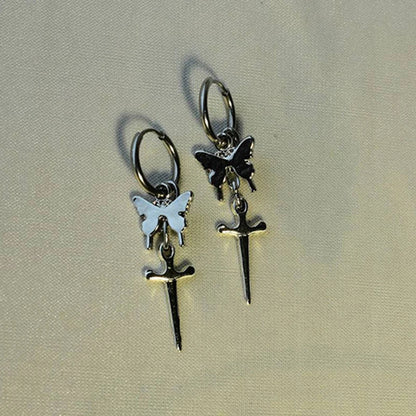 sengpan Punk Charms Butterfly Dagger Earrings Goth Accessories Cross Drop Earrings for Women Grunge Jewelry Korean Fashion Earing