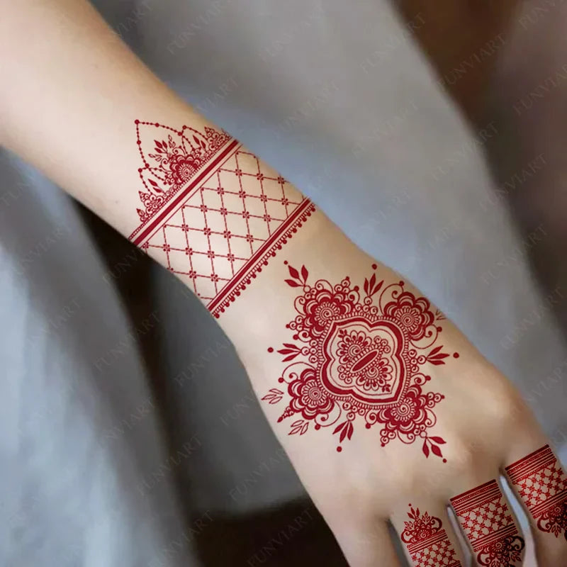 sengpan Maroon Henna Stickers for Hands Waterproof Temporary Henna Tattoos for Women Fake Tattoo Brown Henna Decorations Wedding