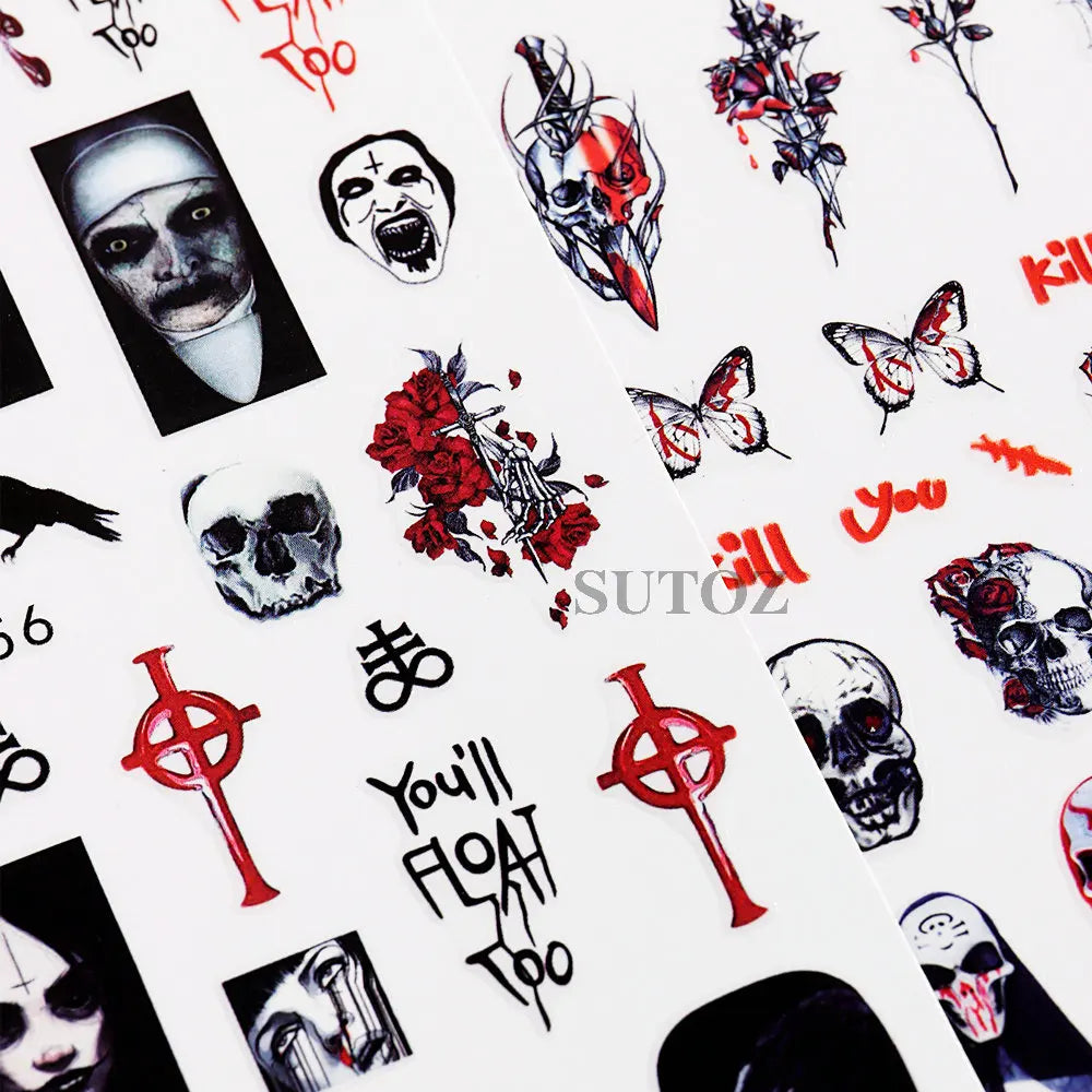 sengpan 3D Halloween Nail Art Stickers Horror Ghost Skull Evil Eye Anime Decals Bloody Rose Sticker for Nail Manicure Decoration LEBF956