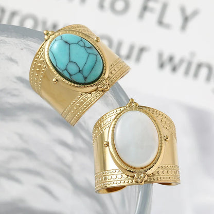 Bohemia Turquoise Natural Stone Wide Open Rings for Women 14K Gold Plated Stainless Steel Ring Finger Rings Women Jewelry Gifts