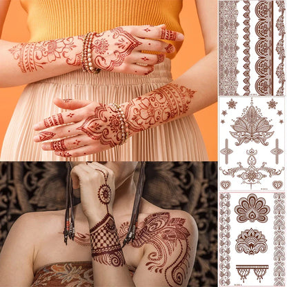 sengpan Brown Henna Lace Temporary Tattoo Sticker Butterfly Mehndi Flower Fake Tattoo for Women Feather Flora Sexy Henna Design Stickers