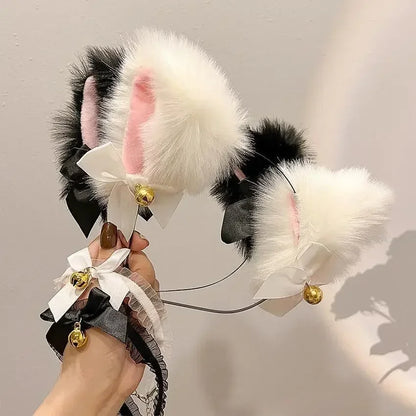 sengpan Sexy Kawaii Cat Ears Headband Women Girls Lace Bow Necklace Plush Bell Hairband Cosplay Halloween Party Costume Hair Accessories