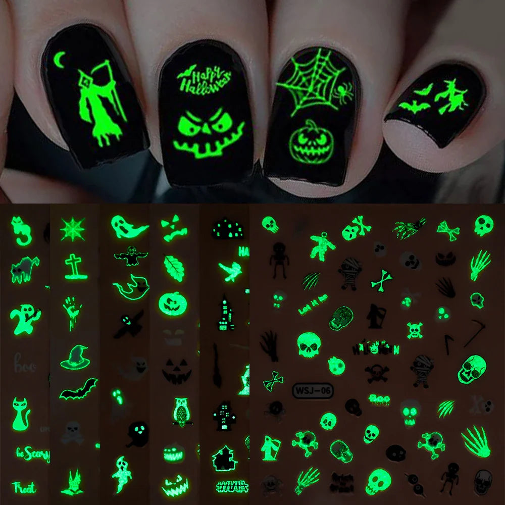 sengpan 6Pcs/Lot Glow In The Dark Halloween 3D Nail Stickers Luminous Spider Web Skull Self Adhesive Sliders Manicure Finger Tips Decals