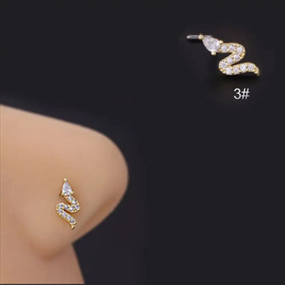 Lianfudai New Fashion Unisex Zircon Punk Style Nose Nail Titanium Steel L Shaped Nose Studs Piercing Jewelry