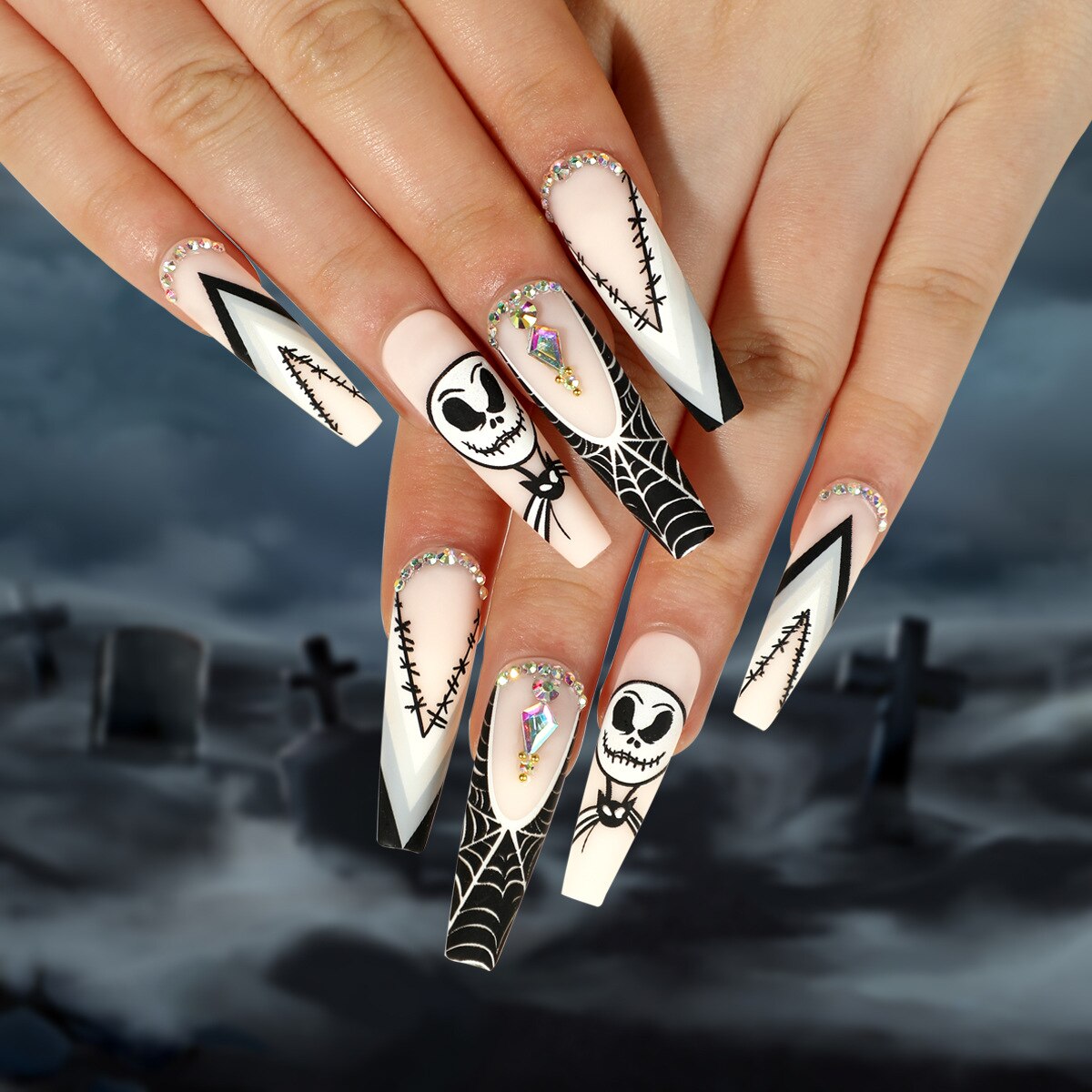 sengpan 24Pcs Halloween False Nails Long Ballet Fake Nails with Ghost Cobweb Design Pink French Coffin Full Cover Press on Nail Tips