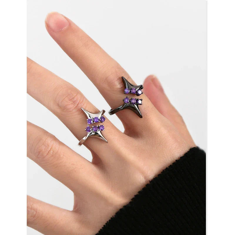 sengpan Amethyst Opening Ring Four-pointed Star Silver Color Black Hipster Alloy Sweet Punk Cool All-match Fashion Jewelry Girls Gift