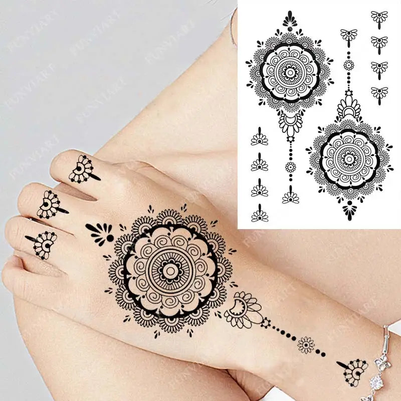 sengpan Black Henna Temporary Tattoo Stickers Women Sexy Lace Hand Jewelry Flower Fake Tatoo Waterproof Body Art Tattoo Wedding