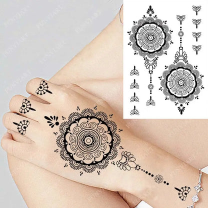 sengpan Black Henna Temporary Tattoo Stickers Women Sexy Lace Hand Jewelry Flower Fake Tatoo Waterproof Body Art Tattoo Wedding