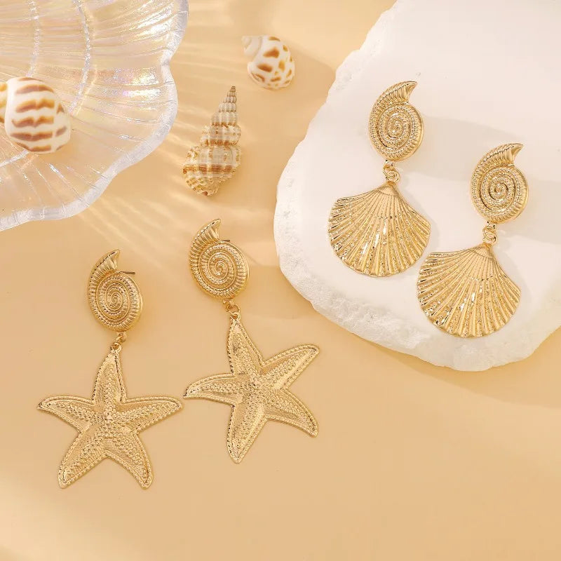 sengpan A Pair of Summer Travel Ocean Shells Seashells Starfish Pendants Earrings, Fashionable Temperament Women's Beach Party Jewelry