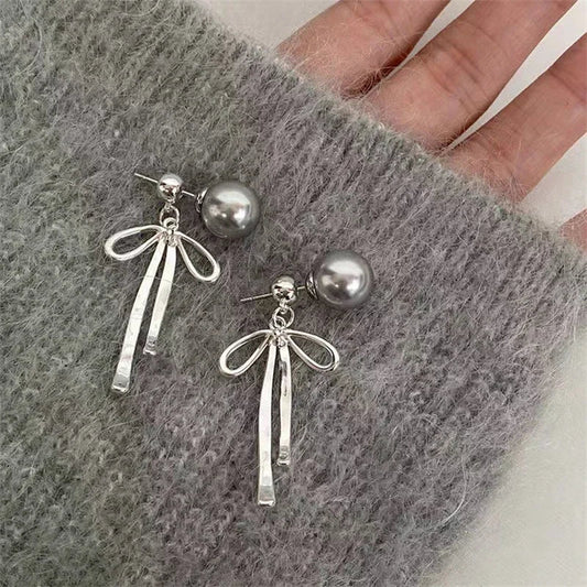 sengpan New Korean Fashion Vintage Cute Bowknot Grey Pearl Pendant Earrings For Women Trendy Aesthetic Y2K EMO Jewelry Accessories