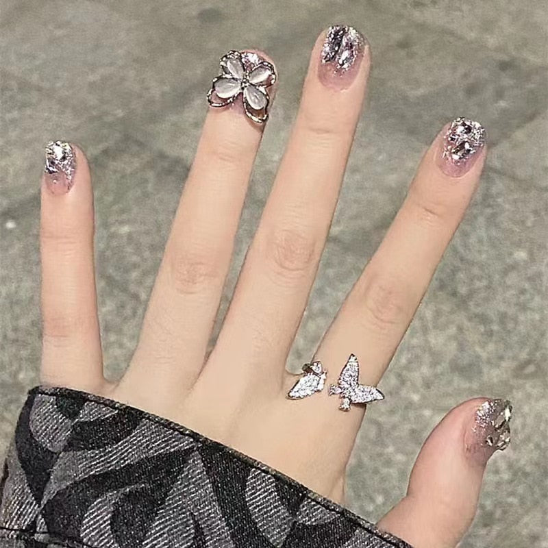 sengpan 24pcs Wearable Pink Press On Fake Nails Tips With Glue false nails design Butterfly Lovely Girl false nails With Wearing Tools