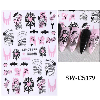 sengpan Cartoon Skull Halloween Nail Art Stickers Pink Bones Ghost Cat Moon Tree Owl Stripes Lines Winter Christmas Manicure Decoration