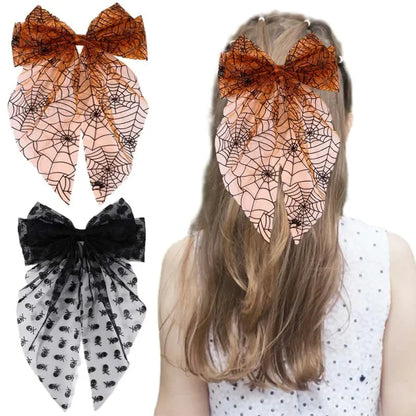 sengpan Halloween Large Bow Hair Clip Spiderweb Bows Hairpin for Women Terror Skull Mesh Bowknote Barrettes Girl Hair Accessories