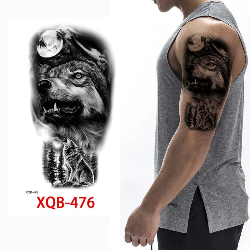 sengpan Black Forest Tattoo Sticker for Men Women Tiger Wolf Death Skull Temporary Tattoo Fake Henna Skeleton King Animal Tatoo Pattern