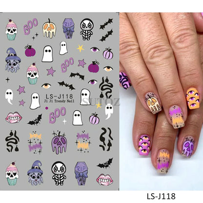 sengpan 5D Embossed Halloween Nail Stickers Skull Chams Spooky Flower Ghost Nail Decals Spider Web Skeleton Sliders for Manicure NTJI-5D