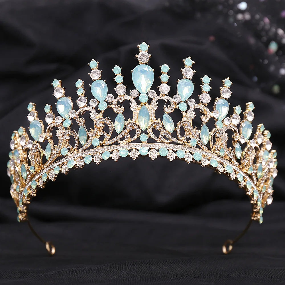 sengpan Luxury Green Opal Crystal Flower Water Drop Tiara Crown Women Wedding Party Elegant Bridal Bride Crown Hair Accessories