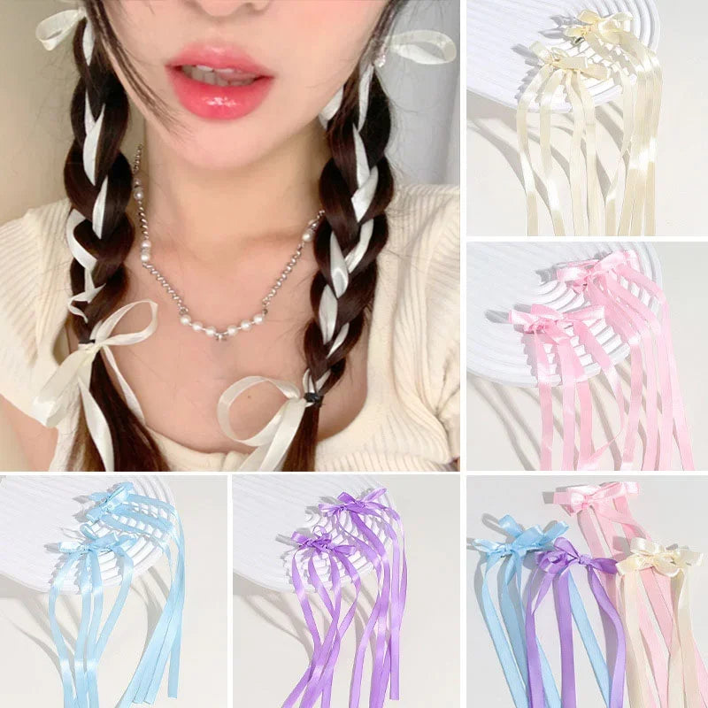 sengpan Y2K Bow Balletcore Hairpins 2pcs Braided Long Ribbon Hair Clip Hair Barrettes Lolita Headdress Hair Accessories for Women Girl's