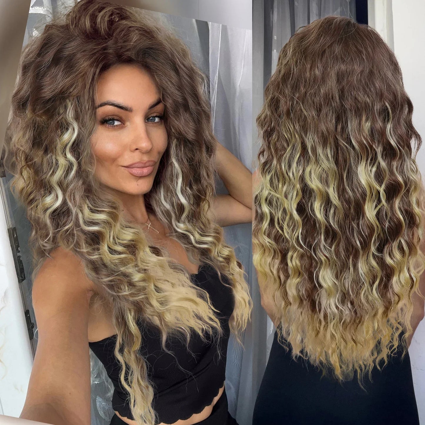 sengpan Ash Blonde Curly Wig Synthetic Long Curly Hair Wigs for Women Fluffy Hairstyle Wave Ombre Wig Costume Carnival Party Regular Wig