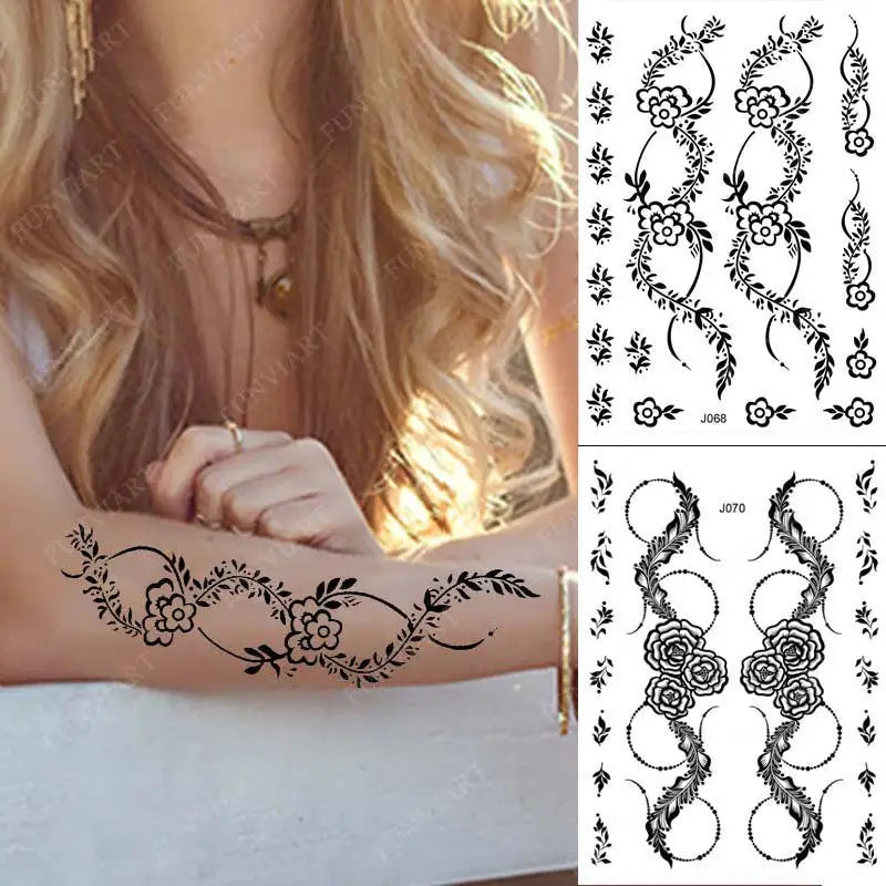 sengpan Black Henna Tattoo Sticker Waterproof Temporary Tattoos for Women Body Art Mehndi Stickers for Hand Flower Fake Tattoo