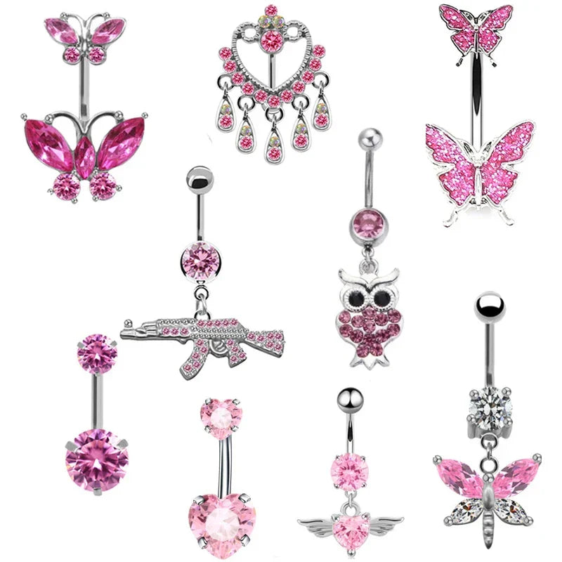 sengpan Romantic Pink Belly Piercing Buckle Umbilical Nail Cat Head Dragonfly Pistol Butterfly Belly Button Rings Piercing Jewelry