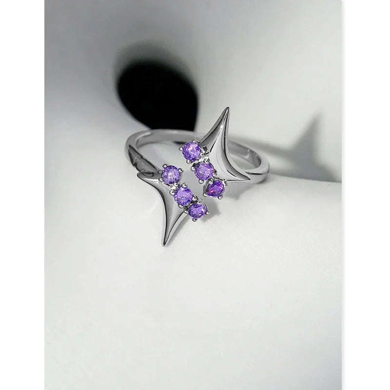 sengpan Amethyst Opening Ring Four-pointed Star Silver Color Black Hipster Alloy Sweet Punk Cool All-match Fashion Jewelry Girls Gift