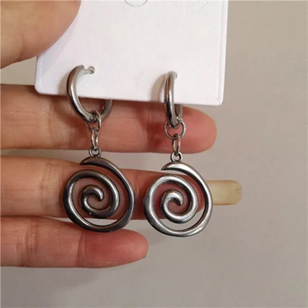 sengpan Stainless Steel Geometric Spiral Vortex Earrings Y2K Vintage Grunge Hip Hop Earrings for Girls Women